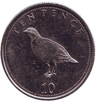 Монета 10 пенсов. 2014 год, Гибралтар. Куропатка.