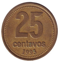 Монета 25 сентаво. 1993 год, Аргентина. (Алюминиевая бронза). Ратуша Буэнос-Айреса. Монета 25 сентаво. 1993 год, Аргентина. (Алюминиевая бронза). Ратуша Буэнос-Айреса.