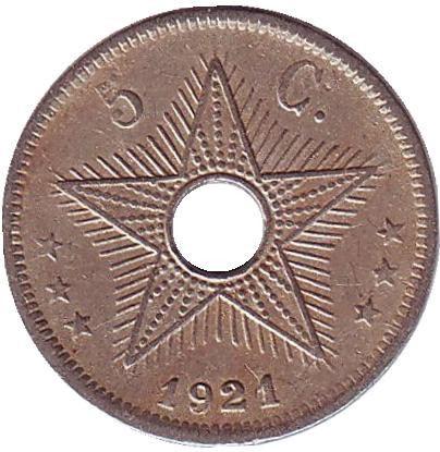 Монета 5 сантимов. 1921 год, Бельгийское Конго.