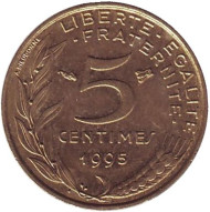 Монета 5 сантимов. 1995 год, Франция. Монета 5 сантимов. 1995 год, Франция.