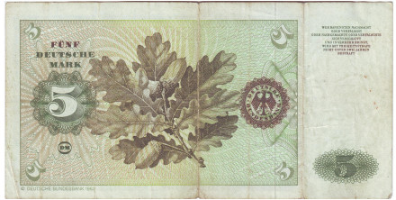 Банкнота 5 марок. 1980 год, ФРГ. Серия R. Портрет молодой венецианки. Ветка дуба.