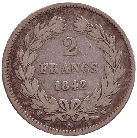 Монета 2 франка. 1842 год (W), Франция. Луи-Филипп I.