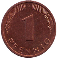 Монета 1 пфенниг. 1990 год (D), ФРГ. Дубовые листья. Монета 1 пфенниг. 1990 год (D), ФРГ. Дубовые листья.