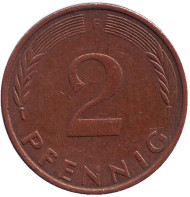 Монета 2 пфеннига. 1971 год (F), ФРГ. Дубовые листья. Монета 2 пфеннига. 1971 год (F), ФРГ. Дубовые листья.