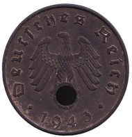 Монета 10 рейхспфеннигов. 1943 год, Германия (Третий Рейх). (A). Монета 10 рейхспфеннигов. 1943 год, Германия (Третий Рейх). (A).