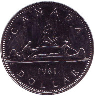 Монета 1 доллар. 1981 год, Канада. Индейцы в каноэ.