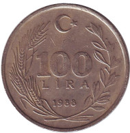 Монета 100 лир. 1988 год, Турция. Монета 100 лир. 1988 год, Турция.