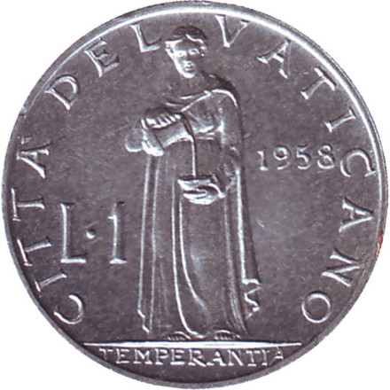 Монета 1 лира. 1958 год, Ватикан.