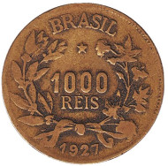 Монета 1000 рейсов. 1927 год, Бразилия. Монета 1000 рейсов. 1927 год, Бразилия.