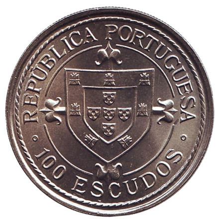 Монета 100 эскудо. 1987 год, Португалия. Золотой век португальских открытий. Мореплаватель Нуну Триштан. Монета 100 эскудо. 1987 год, Португалия. Золотой век португальских открытий. Мореплаватель Нуну Триштан.