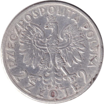 Монета 2 злотых. 1934 год, Польша. Королева Ядвига.