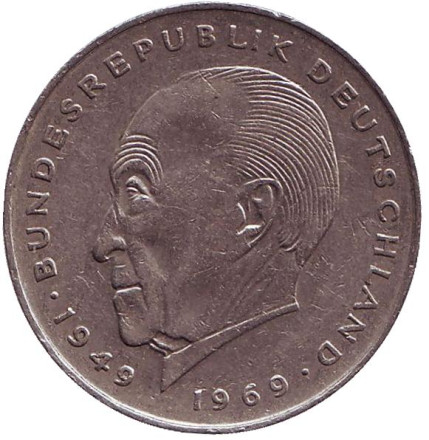 Монета 2 марки. 1969 год (D), ФРГ. Конрад Аденауэр.