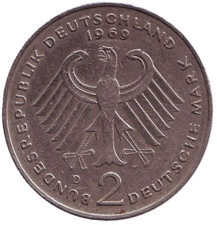 Монета 2 марки. 1969 год (D), ФРГ. Конрад Аденауэр. Монета 2 марки. 1969 год (D), ФРГ. Конрад Аденауэр.