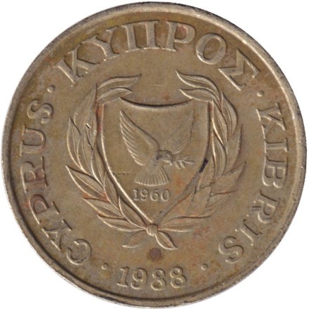 Монета 20 центов. 1988 год, Кипр. Птица.