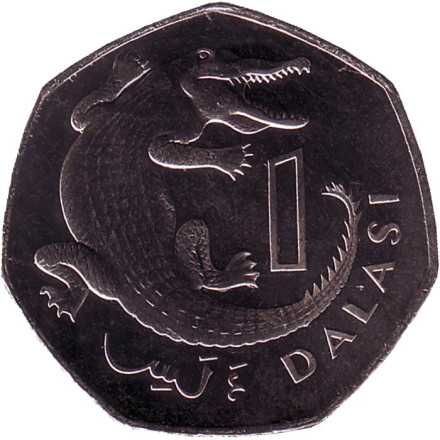 Монета 1 даласи. 2016 год, Гамбия. Африканский узкорылый крокодил.