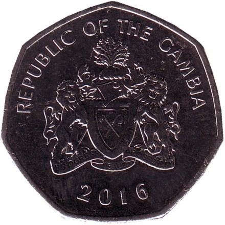 Монета 1 даласи. 2016 год, Гамбия. Африканский узкорылый крокодил.