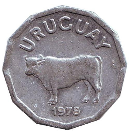 Монета 5 сентесимо. 1978 год, Уругвай. Бык.
