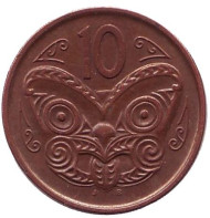 Монета 10 центов. 2006 год, Новая Зеландия. Маска маори. Монета 10 центов. 2006 год, Новая Зеландия. Маска маори.