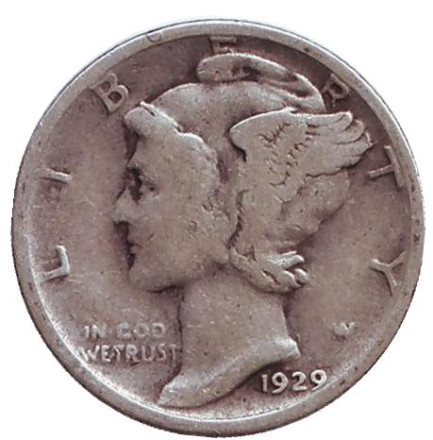 Монета 10 центов. 1929 год, США. Монетный двор S. Меркурий.