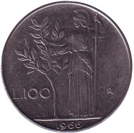 Монета 100 лир. 1966 год, Италия. Богиня мудрости Минерва рядом с оливковым деревом. Монета 100 лир. 1966 год, Италия. Богиня мудрости Минерва рядом с оливковым деревом.