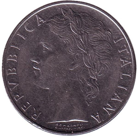 Монета 100 лир. 1966 год, Италия. Богиня мудрости Минерва рядом с оливковым деревом. Монета 100 лир. 1966 год, Италия. Богиня мудрости Минерва рядом с оливковым деревом.