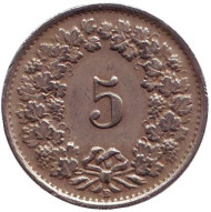 Монета 5 раппенов. 1948 год, Швейцария. Монета 5 раппенов. 1948 год, Швейцария.