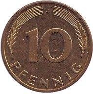 Монета 10 пфеннигов. 1996 год (J), ФРГ. Дубовые листья. Монета 10 пфеннигов. 1996 год (J), ФРГ. Дубовые листья.