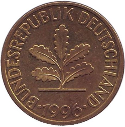 Монета 10 пфеннигов. 1996 год (J), ФРГ. Дубовые листья. Монета 10 пфеннигов. 1996 год (J), ФРГ. Дубовые листья.