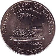 Монета 5 центов. 2004 год (D), США. UNC. Корабль экспедиции Льюиса и Кларка. Монета 5 центов. 2004 год (D), США. UNC. Корабль экспедиции Льюиса и Кларка.