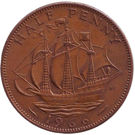 Монета 1/2 пенни. 1966 год, Великобритания. "Золотая лань".