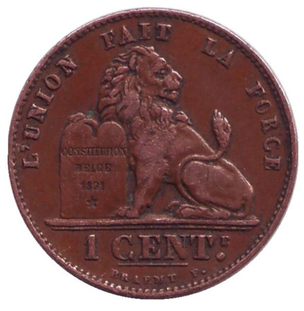 Монета 1 сантим. 1901 год, Бельгия. (Des Belges)