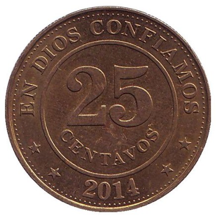 Монета 25 сентаво. 2014 год, Никарагуа. Из обращения. Горы-вулканы.