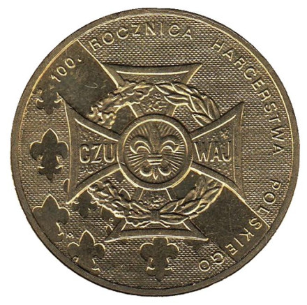 Монета 2 злотых, 2010 год, Польша. 100-летие Союза польских харцеров.