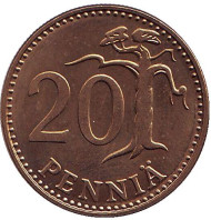 Монета 20 пенни. 1990 год, Финляндия.