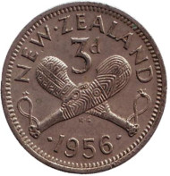 Монета 3 пенса. 1956 год, Новая Зеландия. Скрещенные вахаики. Монета 3 пенса. 1956 год, Новая Зеландия. Скрещенные вахаики.
