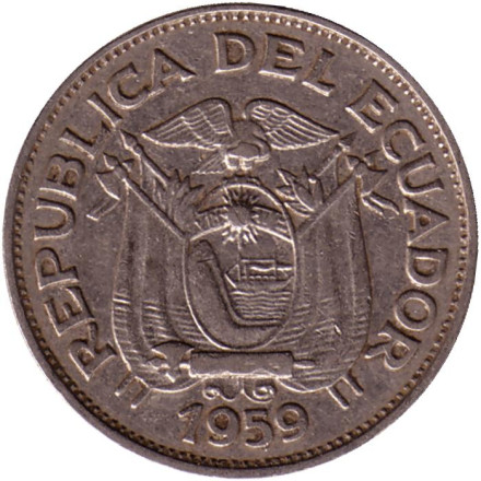 Монета 20 сентаво. 1959 год. Эквадор. Монета 20 сентаво. 1959 год. Эквадор.