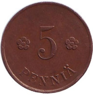 Монета 5 пенни. 1922 год, Финляндия. Монета 5 пенни. 1922 год, Финляндия.