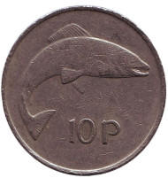 Монета 10 пенсов. 1982 год, Ирландия. Лосось. Монета 10 пенсов. 1982 год, Ирландия. Лосось.