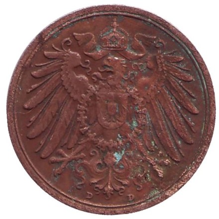 Монета 2 пфеннига. 1911 год (D), Германская империя. Монета 2 пфеннига. 1911 год (D), Германская империя.