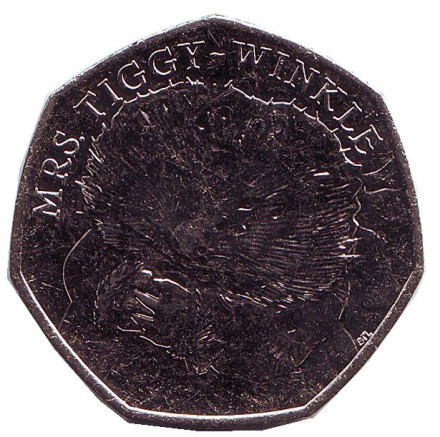 Монета 50 пенсов. 2016 год, Великобритания. Миссис Тигги-Винкл. Ежиха. 150 лет со дня рождения Беатрис Поттер.