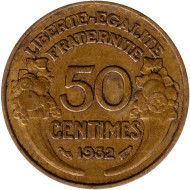 Монета 50 сантимов. 1932 год, Франция. (Открытая "9" и "2"). Тип 2. Монета 50 сантимов. 1932 год, Франция. (Открытая "9" и "2"). Тип 2.