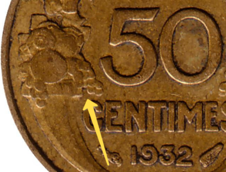 Монета 50 сантимов. 1932 год, Франция. (Открытая "9" и "2"). Тип 2.