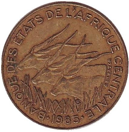 Монета 5 франков. 1985 год, Центральные Африканские штаты. Африканские антилопы. (Западные канны).
