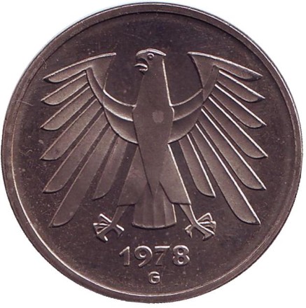 Монета 5 марок. 1978 год (G), ФРГ. Монета 5 марок. 1978 год (G), ФРГ.