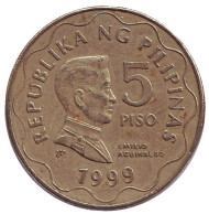 Монета 5 песо. 1999 год, Филиппины. Эмилио Агинальдо. Монета 5 песо. 1999 год, Филиппины. Эмилио Агинальдо.