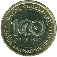 Монета 1 лира. 2022 год, Турция. 100 лет Великому наступлению. Монета 1 лира. 2022 год, Турция. 100 лет Великому наступлению.