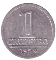 Монета 1 крузейро. 1959 год, Бразилия. Монета 1 крузейро. 1959 год, Бразилия.