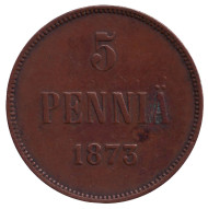 Монета 5 пенни. 1873 год, Финляндия в составе Российской Империи. Монета 5 пенни. 1873 год, Финляндия в составе Российской Империи.