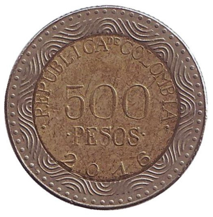 Монета 500 песо. 2016 год, Колумбия. Из обращения. Стеклянная лягушка.