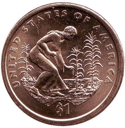 Монета 1 доллар, 2009 год (P), США. Сакагавея. Посадка культур. (Три сестры), серия "Коренные американцы".